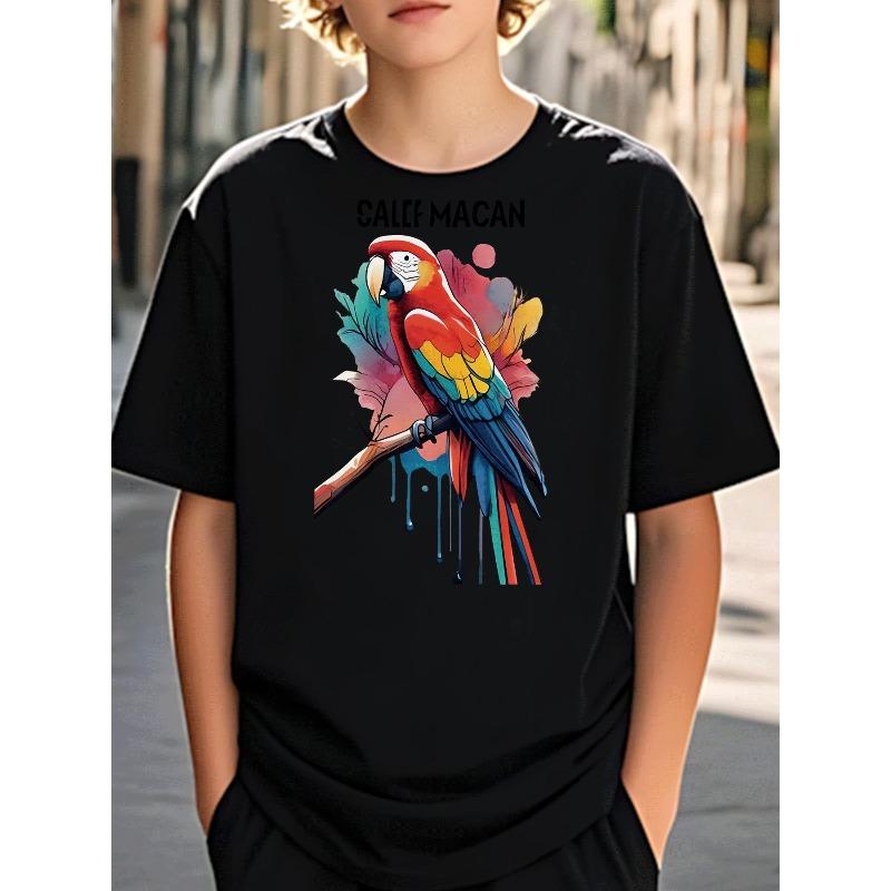 European sizes Boys Clothing Casual Trendy Street Style Graphic Tee with Watercolor Scarlet Macaw Parrot Pattern Kids Wear for Boys Daily Wear