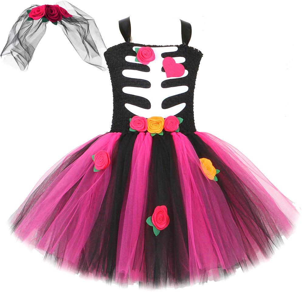 Halloween Kids Dress Cosplay Heart Print Skeleton Costumes Girls Floral Skull Tutu Children