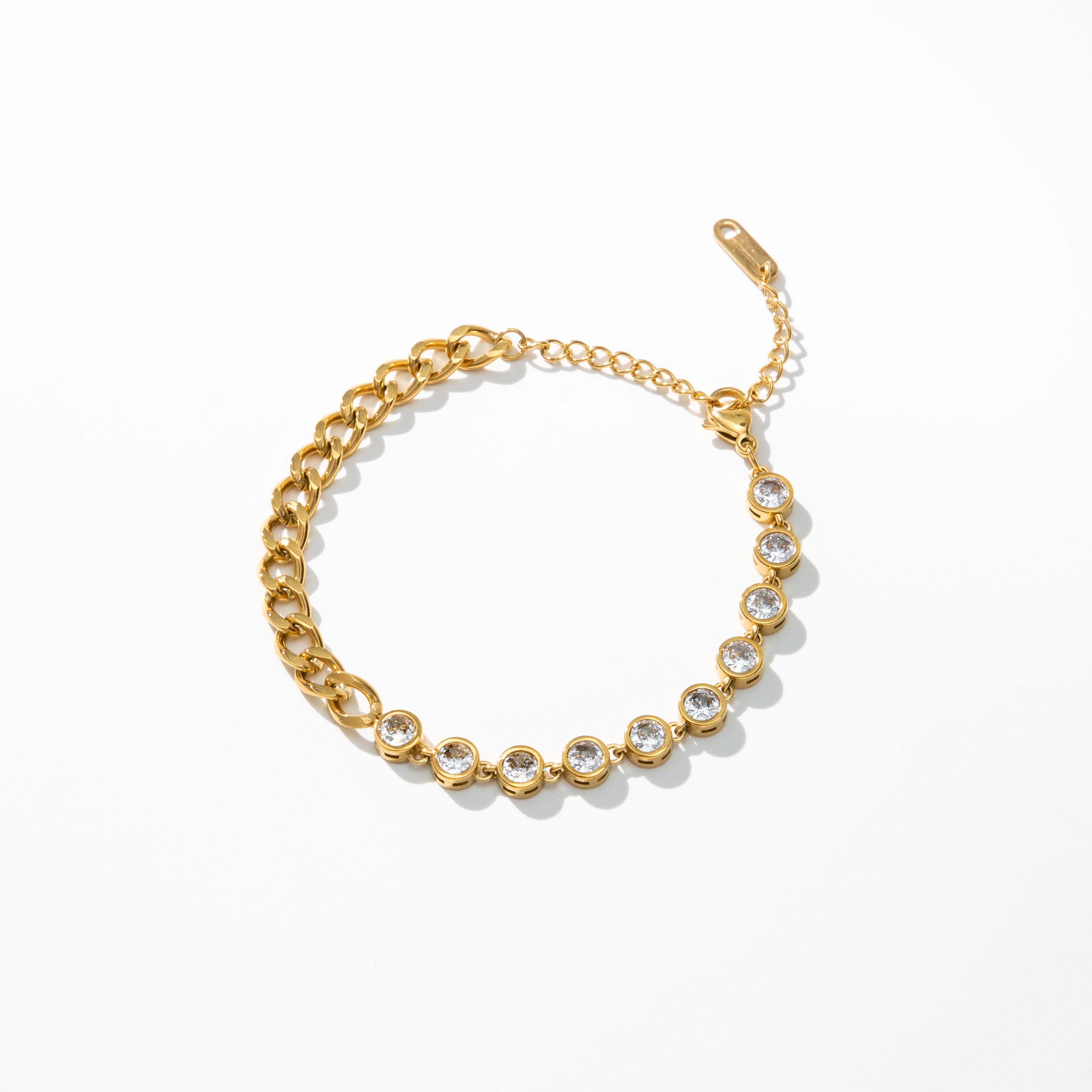 YF7064 New Design Waterproof 18K PVD Gold Plated Stainless Steel Cuban Chain Round Zircon Splicing Bracelet Women Jewelry