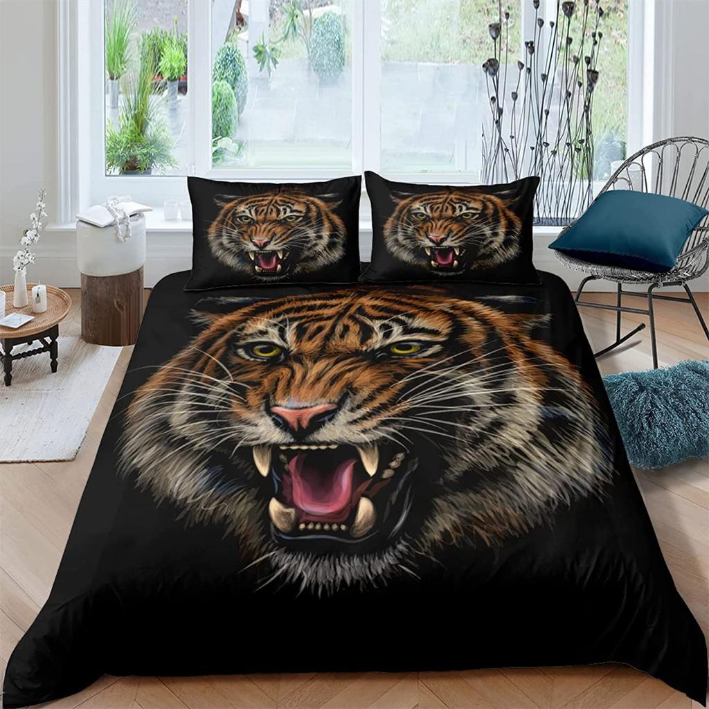 White Tiger Red Rose King Queen Duvet Cover Africa Big Cat Flower Bedding Set For Teen Adult Animal 2/3pcs Quilt Cover