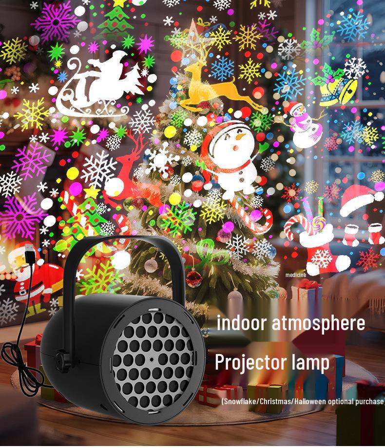 Festive LED Snowflake Projection Lamp with 16 Patterns - USB Halloween & Christmas Atmosphere Rotating Stage Light