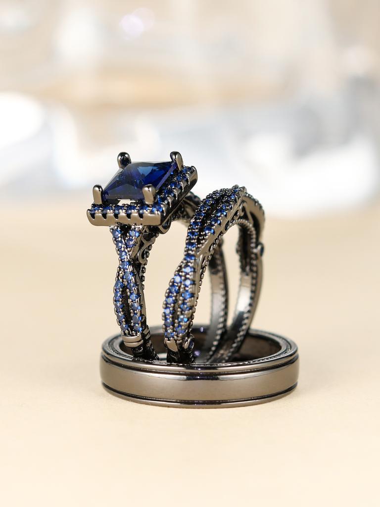 Rose Gold Three Piece Ring Set with Diamonds, Zirconia, Full Diamond, Female Pair Ring, Male Ring