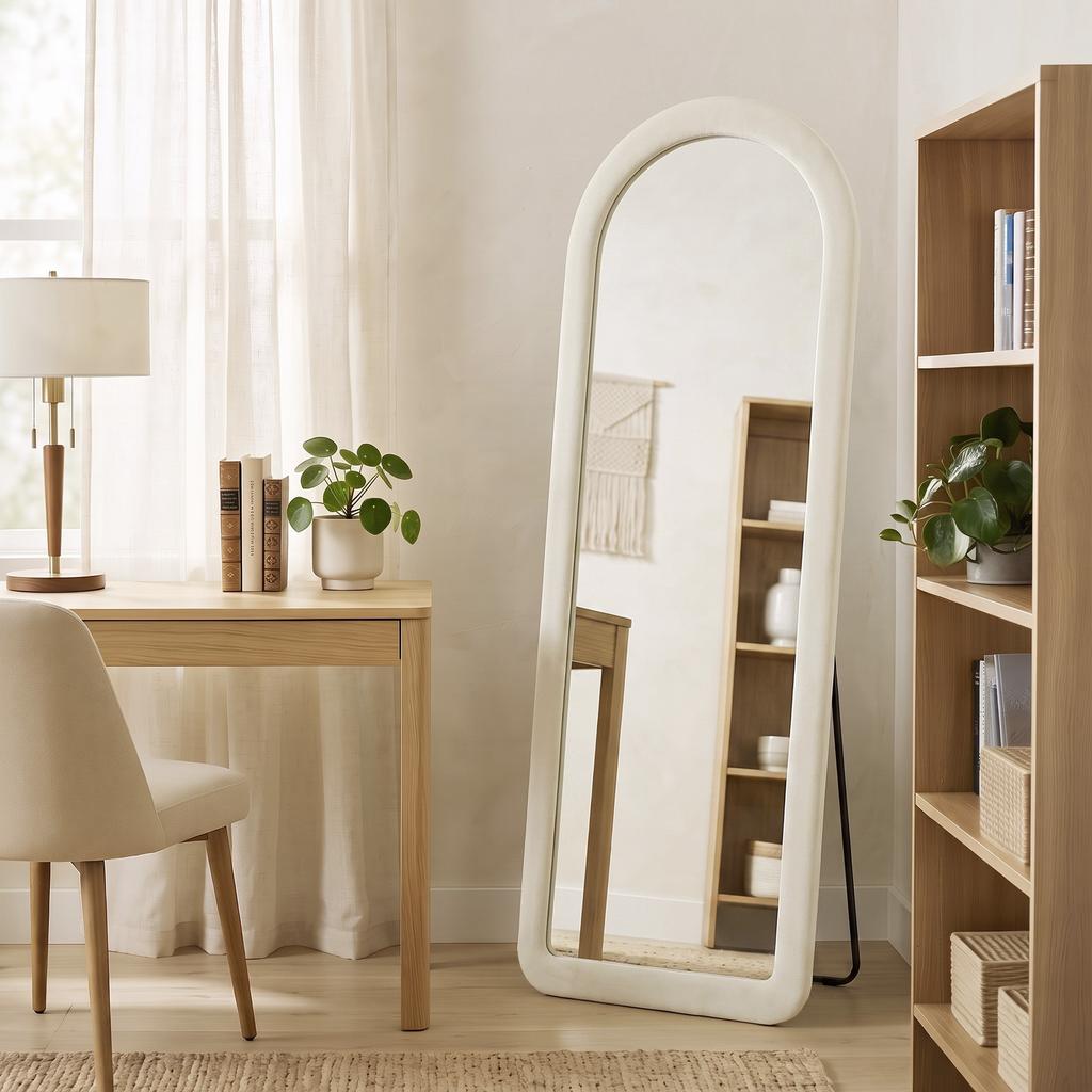 Arched Floor Mirror, 160 x 60 cm, Freestanding or Wall-Mounted, Velvet Frame, Tempered Glass, Cream