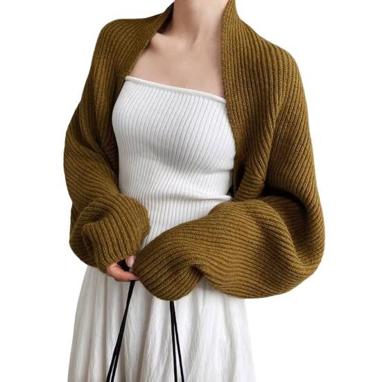 Women Knitted Cardigan Shawl Loose Bat Sleeves Solid Color Knitting Coat Short Style Shawl Coat Autumn Winter Wear