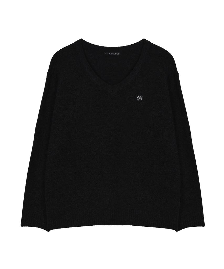 Nigaennikol Butterfly Patch V-Neck Knit_Black