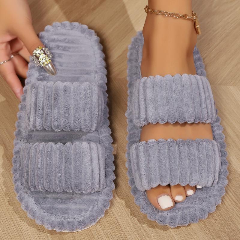 

Элегантные женские плюшевые тапочки - Полосатые с открытым носком, Нескользящая подошва из ЭВА, Домашние хлопковые тапочки на платформе 36-37 серый