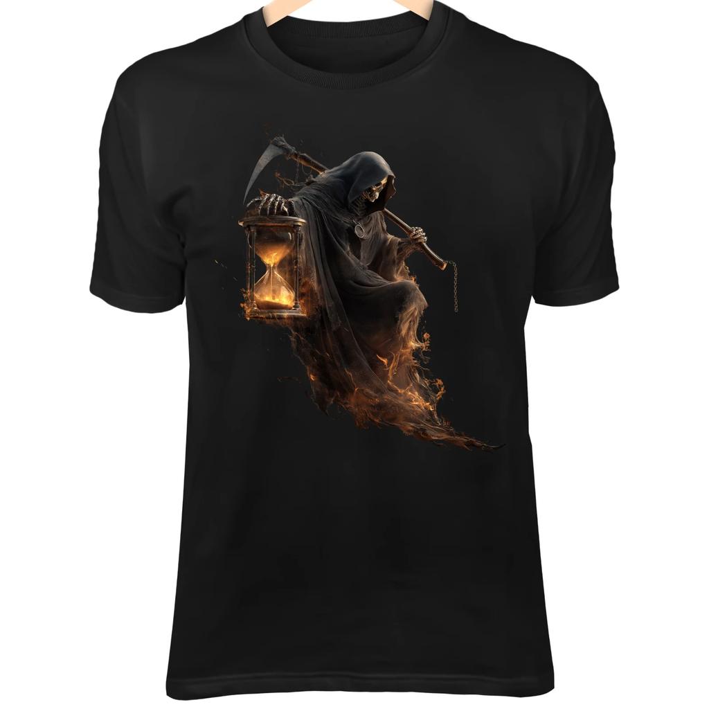 Grim Reaper T-Shirt – Flaming Hourglass, Scythe, Time Burning Away