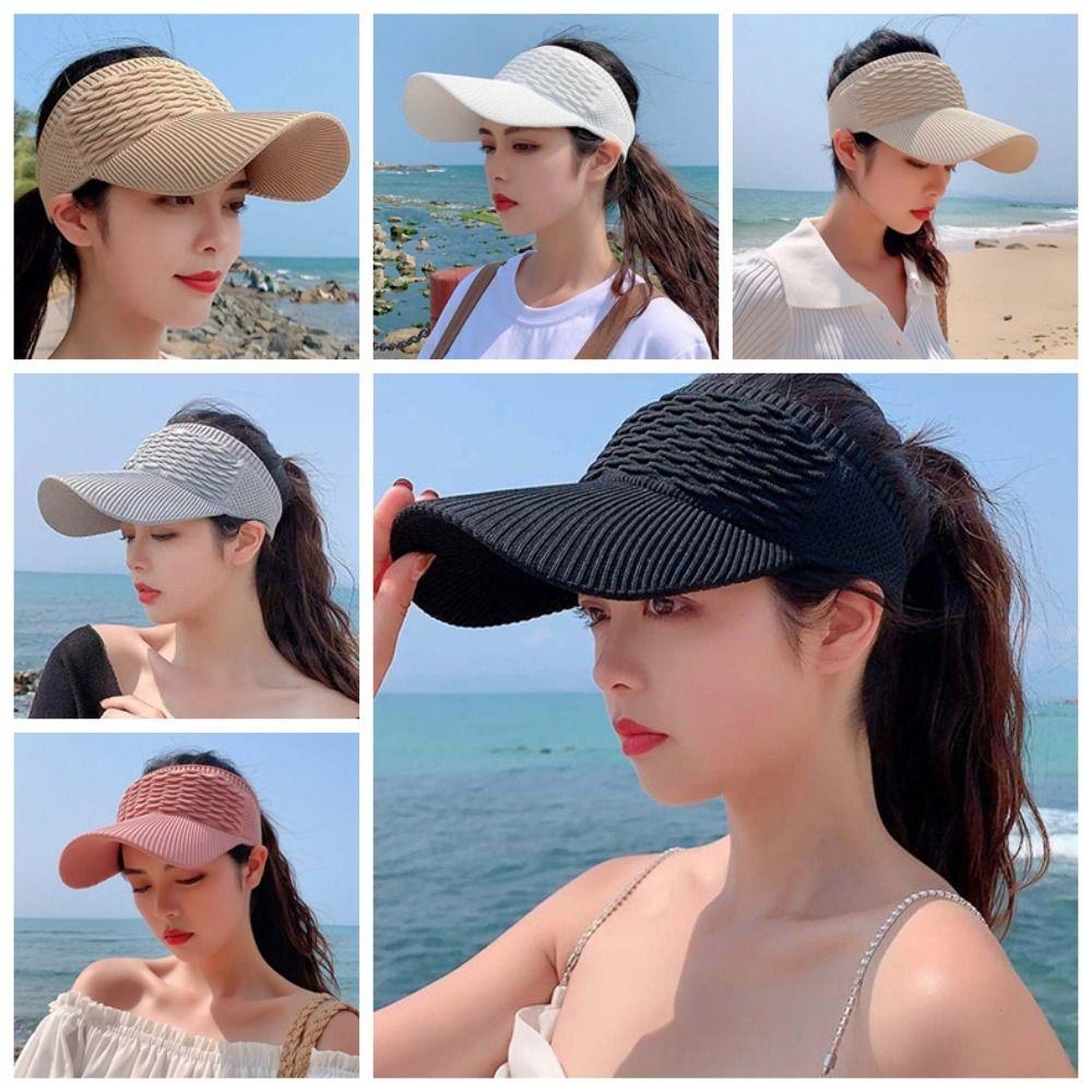 Solid Color Fish Scale Knitted Visor Cap Breathable Sunscreen Empty Top Hat  Women