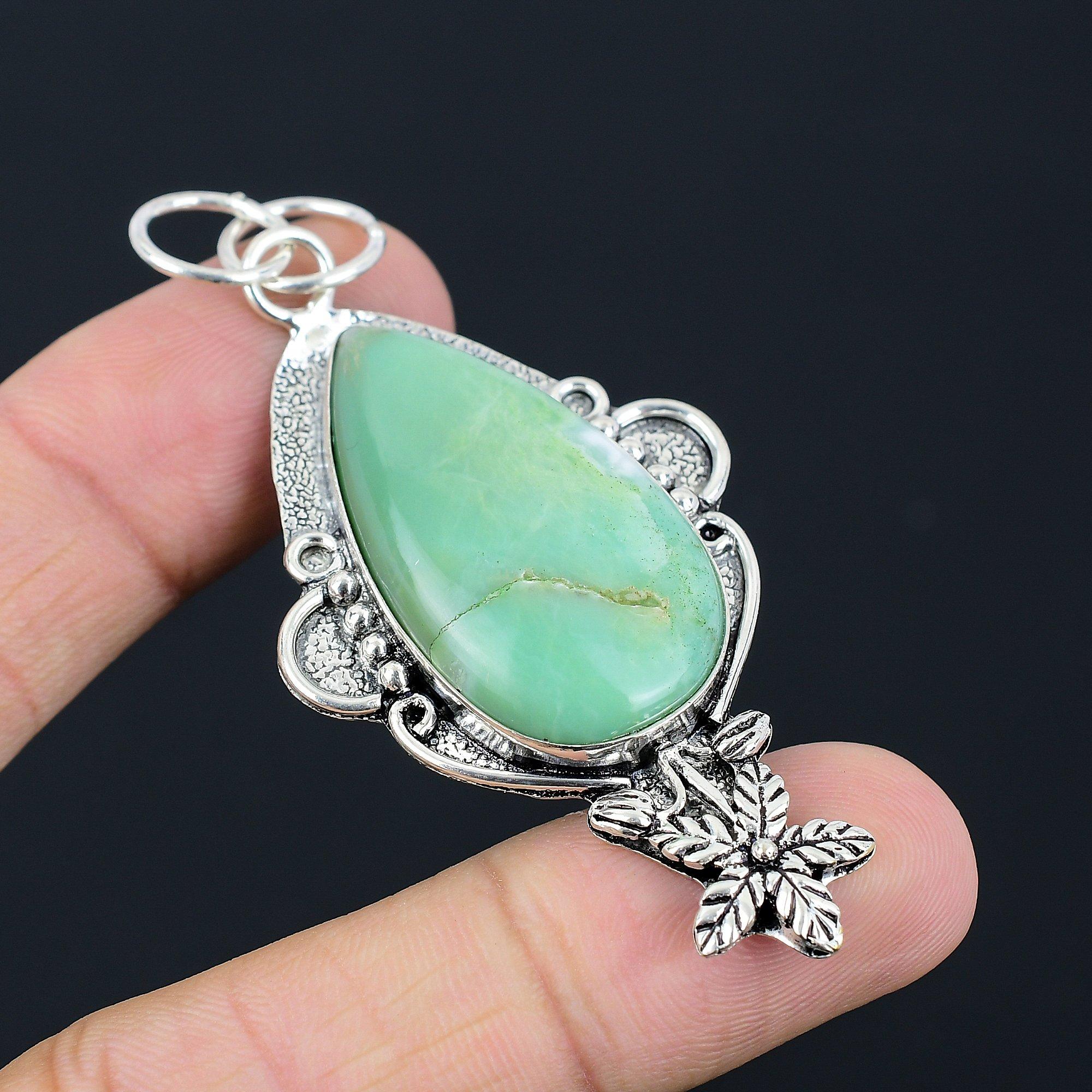 Anniversary Gift For Her Natural Chrysoprase Gemstone Pendant Flower 925 Silver