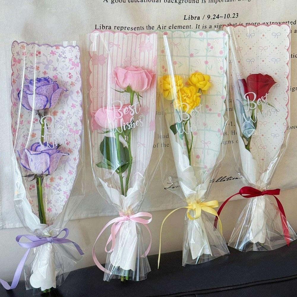 10pcs Bow Flower Packaging Bag Waterproof DIY Single Rose Sleeves Floral Material Packaging Transparent Bouquet Packaging Sleeve