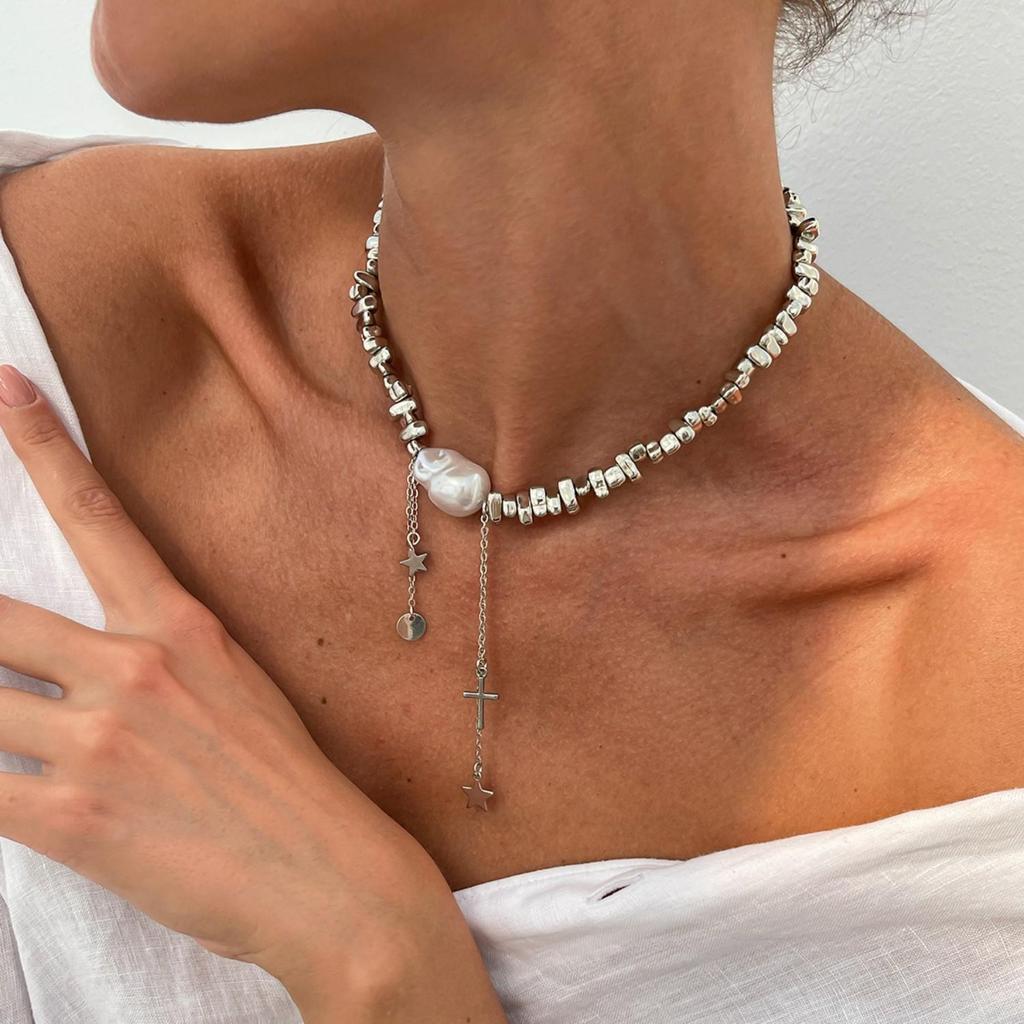 Irregular Pearl Beaded Choker Necklace Women Gold Color Fragment Metal Beads Collarbone Chain Minimalist INS Daily Neck Jewelry
