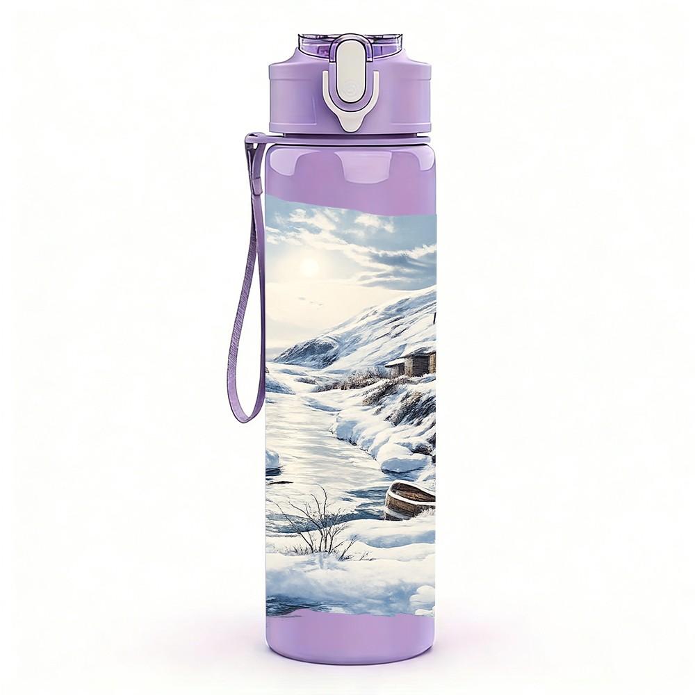 1PC Snow Mountain Lake Winter Landscape Print 750ml Color Plastic Sports Water Bottle Leakproof Flip Straw Lid Suitable for Sports Office Home Use
