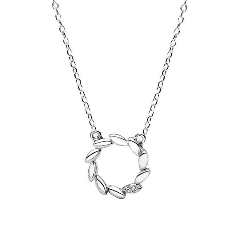New Simple Branch 925 Sterling Silver Jewelry Olive Branch Leaf Personality Wreath Crystal Round Women Pendant Necklaces H413