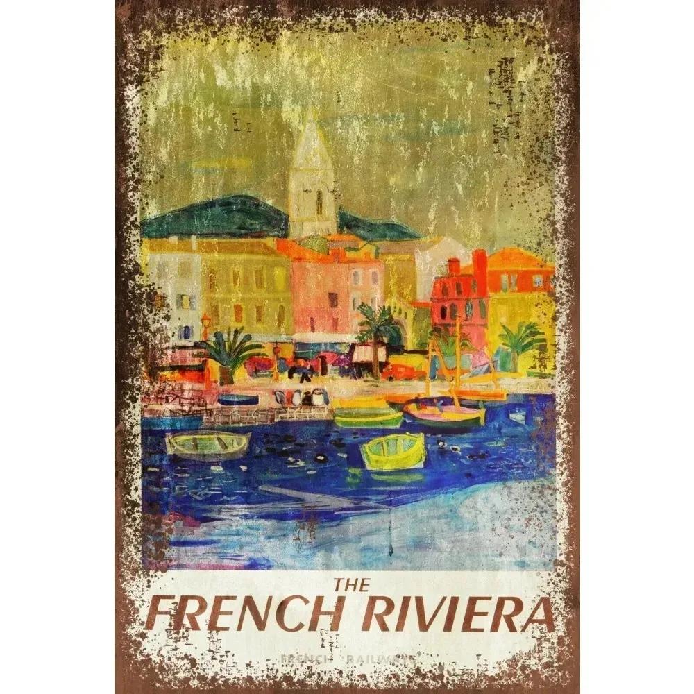 Vintage Look French Riviera Travel Vibe Riviera Metal Sign - Retro Advert Decor for Home/Office/Travel Spaces, Perfect Gift 20x30cm(7.8x11.8inch)