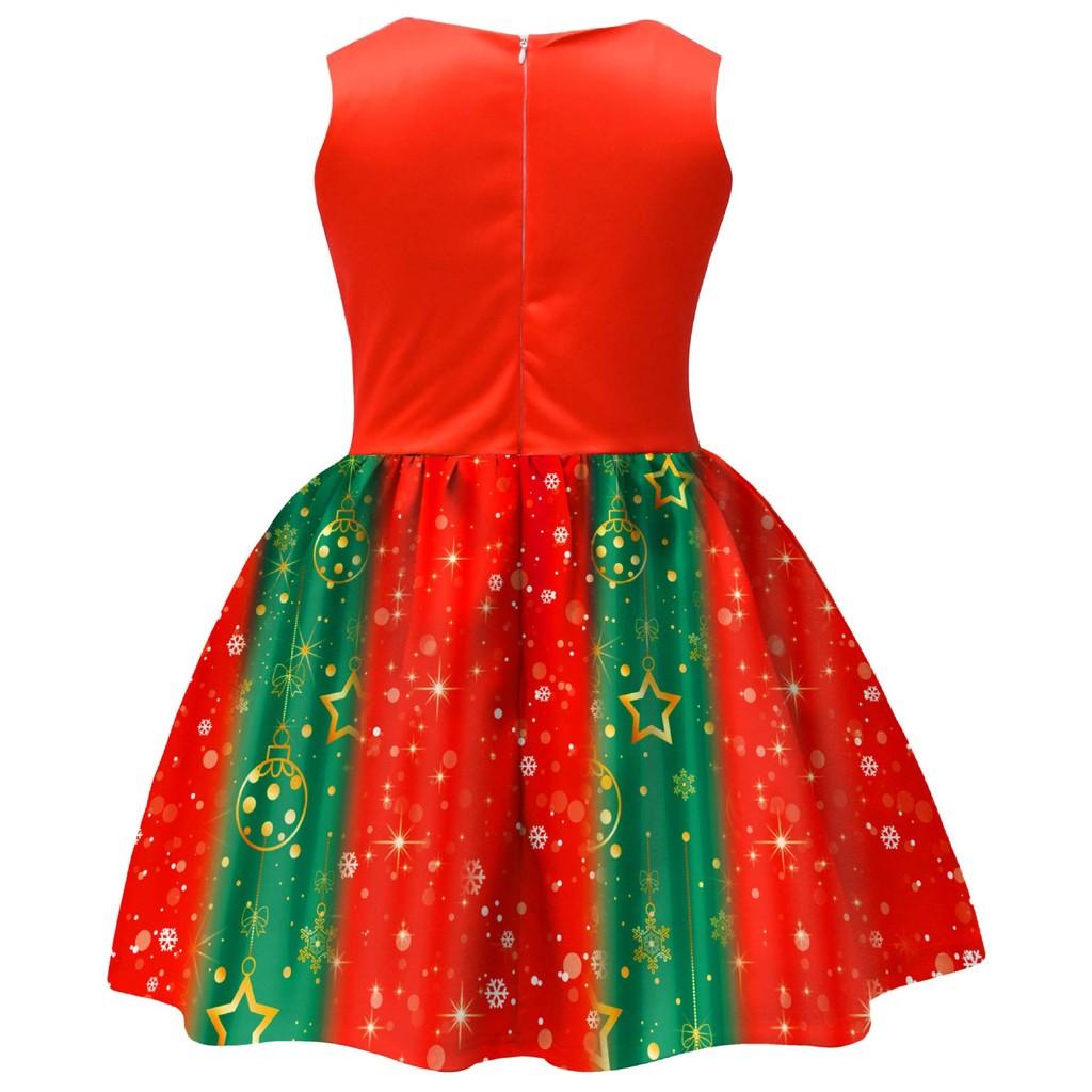 Kids Girls Cartoon Santa Claus Christmas Tree Elk Snowflake Print Bow Sleeveless Casual Dress