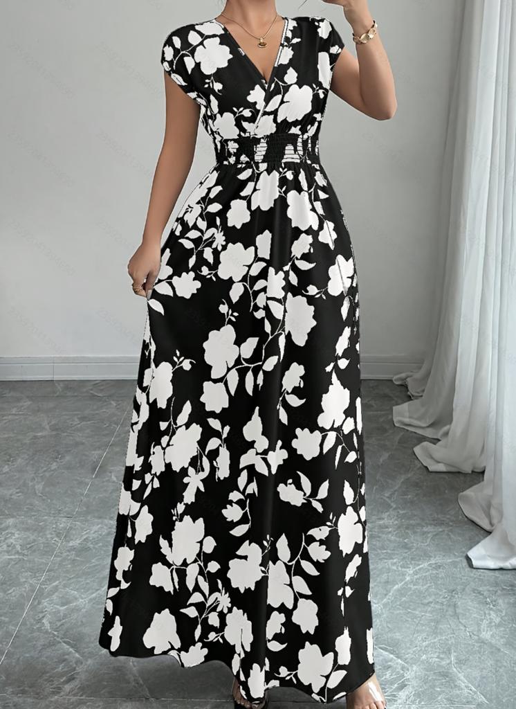 Women’s V Neck Floral Print Maxi Dress with Short Sleeves and Elastic Waist Summer Casual A Line Long Dress for Daily Wear