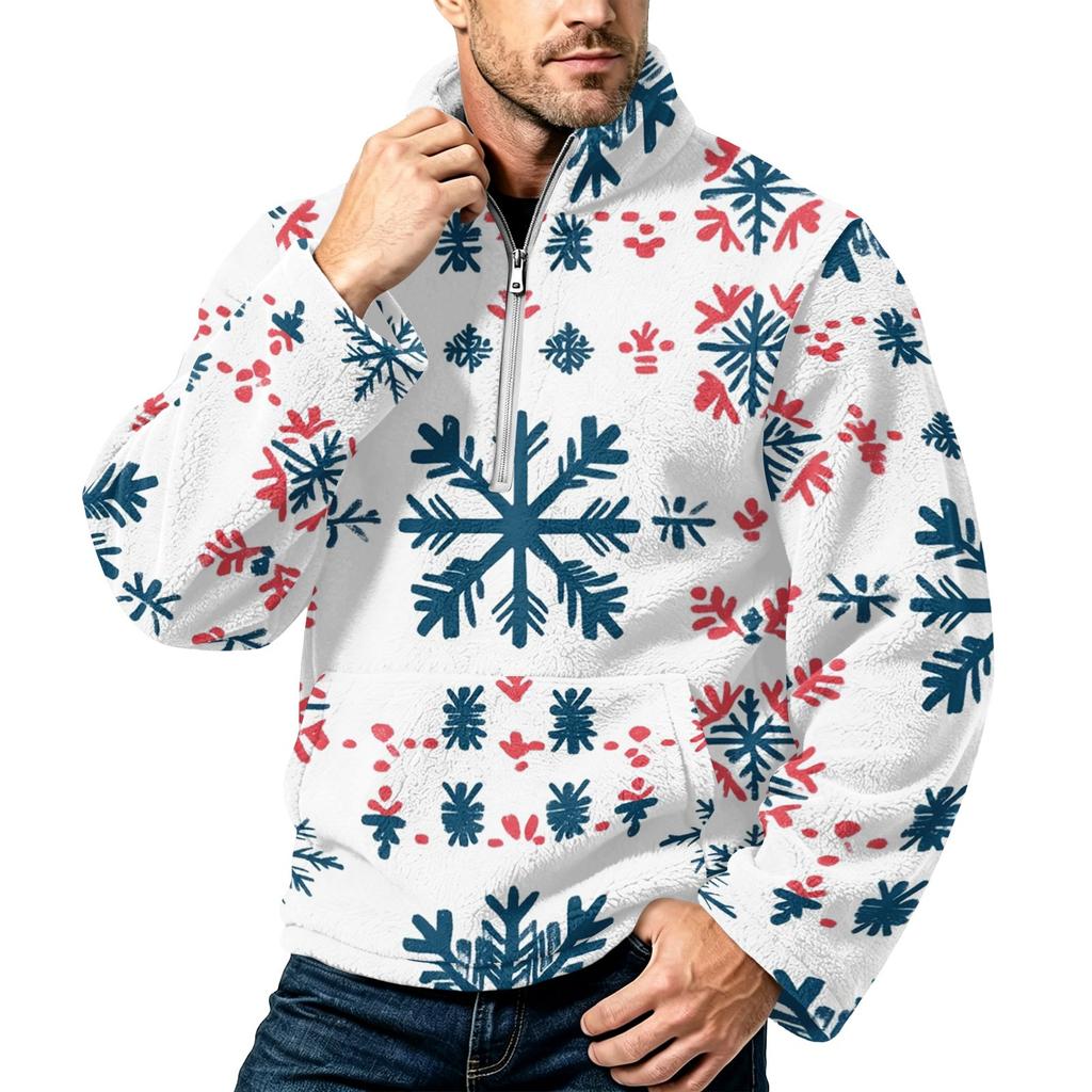 Men's Christmas Print Flannel Zip-Up Sweatshirt with Stand Collar, Plus Size Casual Top for Fall Winter