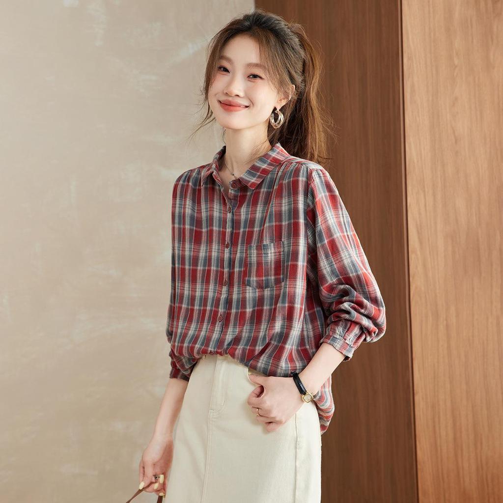Women's Plaid Loose-Fit Cotton Long Sleeve Lapel Shirt - Spring & Autumn 2025