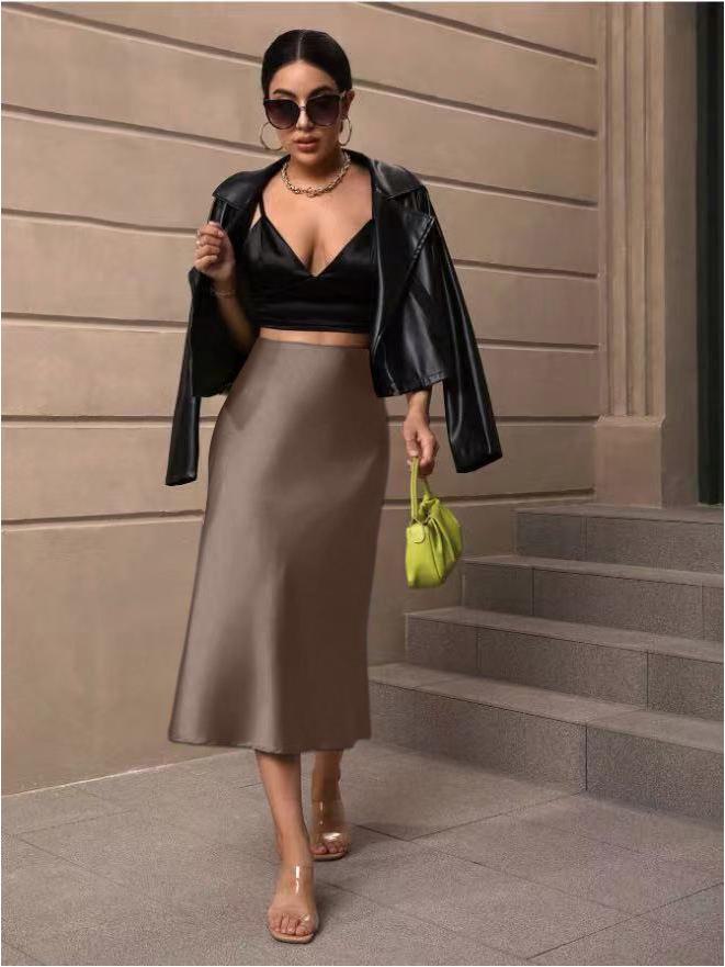 Jesienna satynowa spódnica midi z rybim ogonem - Nowa europejska i amerykańska moda damska