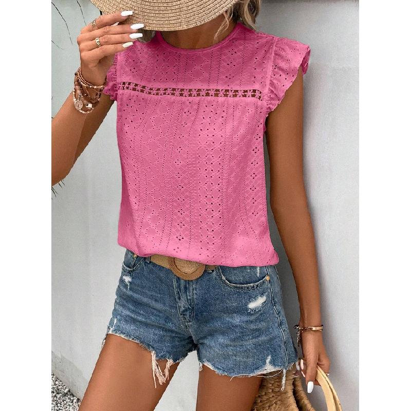 2026 Women's Summer New Round Neck Lace Solid Color Ruffle Short Sleeve Top
