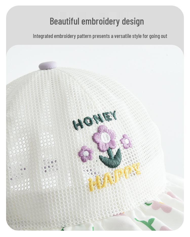 Kids' Embroidered Floral Mesh Bucket Hat - Breathable Outdoor Sun Hat for Students