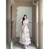 Wear a Pink Floral Dress for Women's Summer Beauty, Fluffy Long Dress, Seaside Vacation Waist Cake Skirt