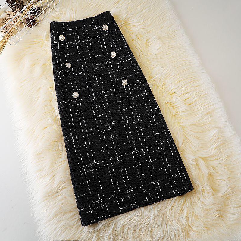 Gonna Elegante a Vita Alta da Donna Casual Ufficio Signore Vintage Lana a Quadretti Spacco Tasca Fianchi Gonna Monopasso