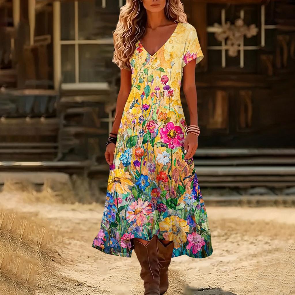 Fashionable women's summer V-neck short sleeved gradient printed beach dress