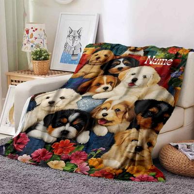 Adorable Puppy Themed Home Customize Your Name Blankets Soft And Cozy For All Seasons Perfect For Picnics Sofa Office Bed Living Room Ideal Gift For