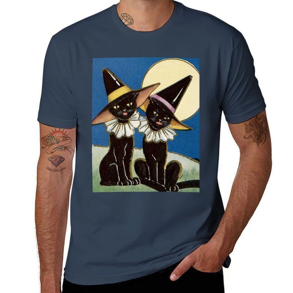 Halloween Vintage 2 Witchcats Tshirt Big Size Simple Tshirt