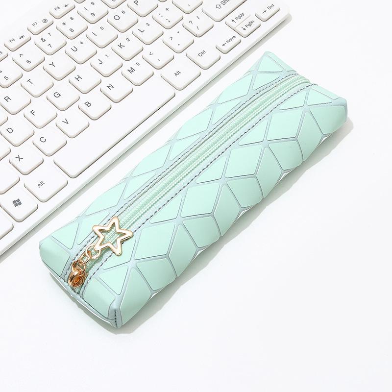 Diamond Lattice PU Leather Large Capacity Pencil Case - Stylish Student Stationery Organizer