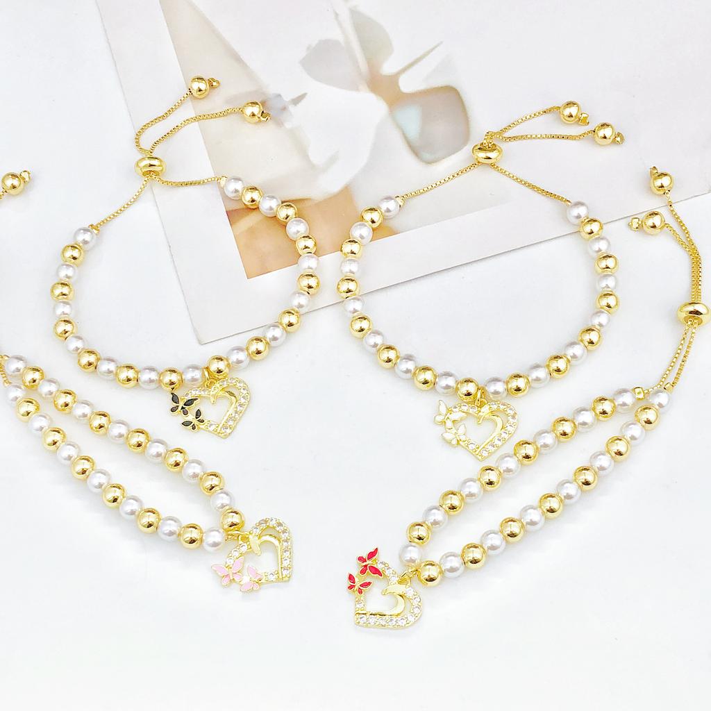 Classic Pearl Chain Heart-Shaped Bowknot Zirconia Pendant Bracelet High-Quality Women Girls Daily Party Jewelry Birthday Gift