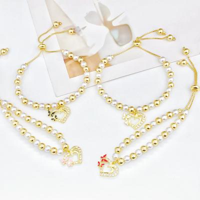 Classic Pearl Chain Heart-Shaped Bowknot Zirconia Pendant Bracelet High-Quality Women Girls Daily Party Jewelry Birthday Gift