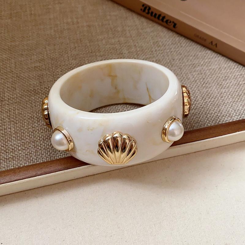 Pearl & Seashell Embedded Cuff Bangles - Ocean Theme Boho Resin Bracelet Trendy Stackable Bracelets for Women