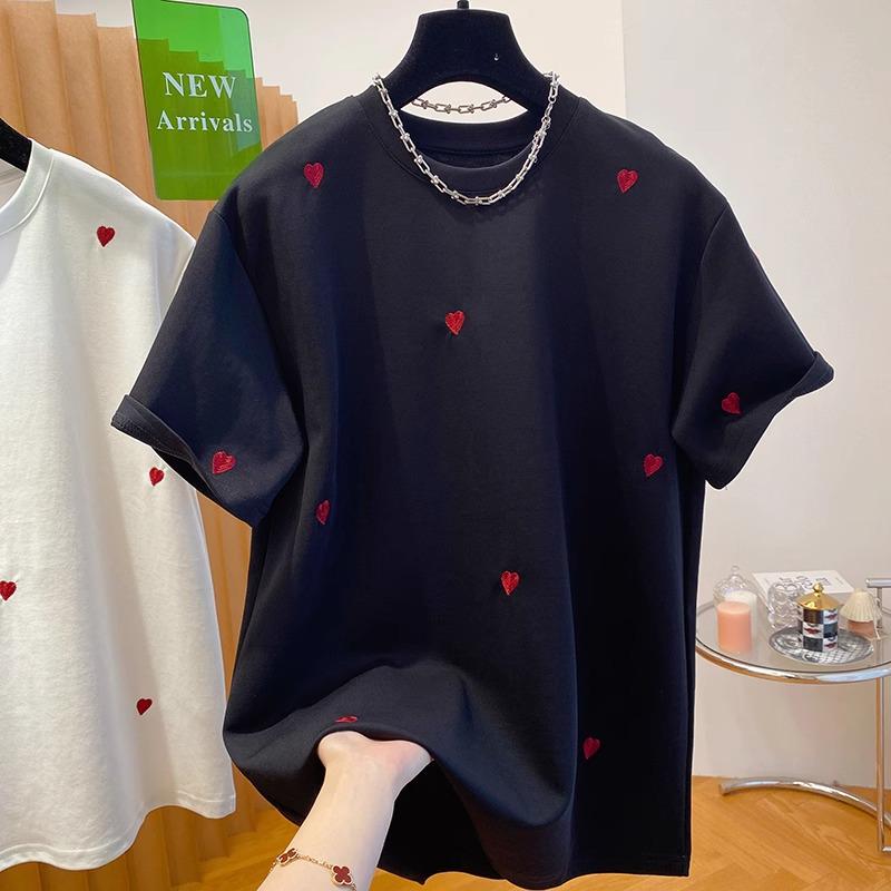 Heart Embroidery Women's European Style T-shirt - Short Sleeve, Loose Fit, Pure Cotton, 2025 Spring Collection