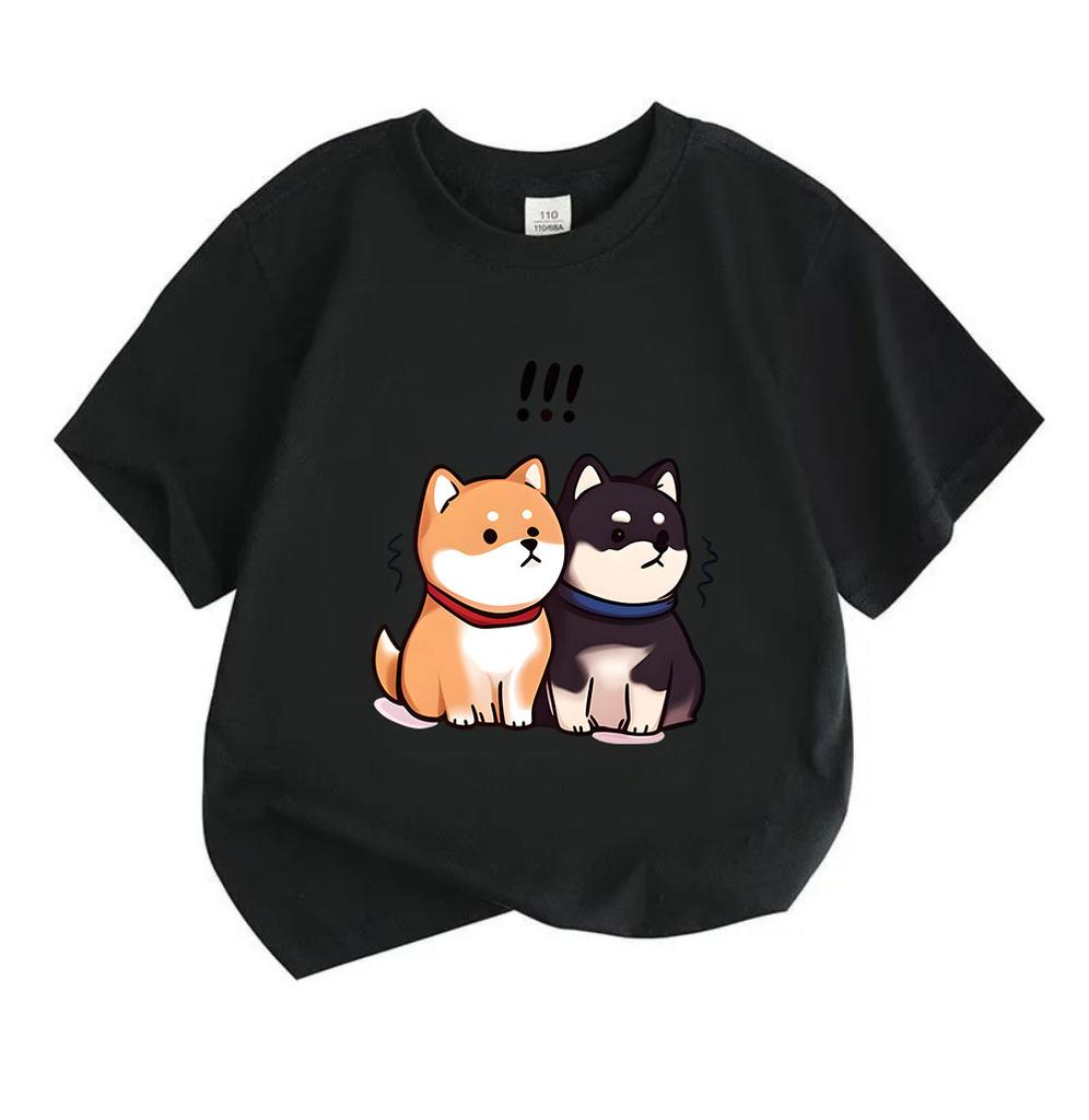 Kids Boys Girls Crew Neck Short Sleeve 100% Cotton T-shirt, Cute Cartoon Shiba Inu Couple Surprised Print Casual Soft Breathable Summer Tee for Childr