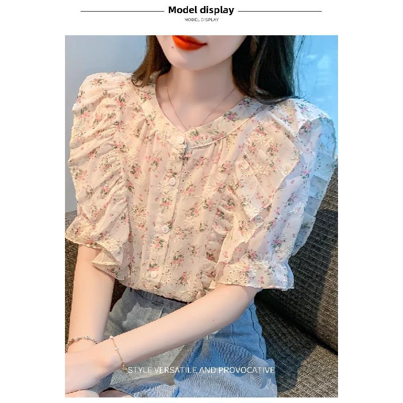Ruffled floral chiffon blouse for women, summer 2026, sweet and elegant short-sleeved casual top