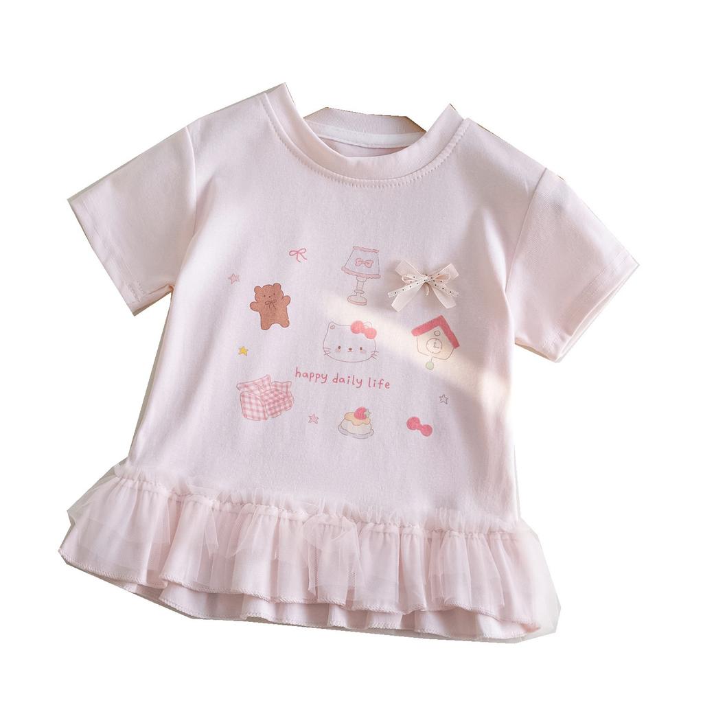 Girls Summer Short Sleeve T Shirt with Lace Trim Cute Cartoon Print and Bow
