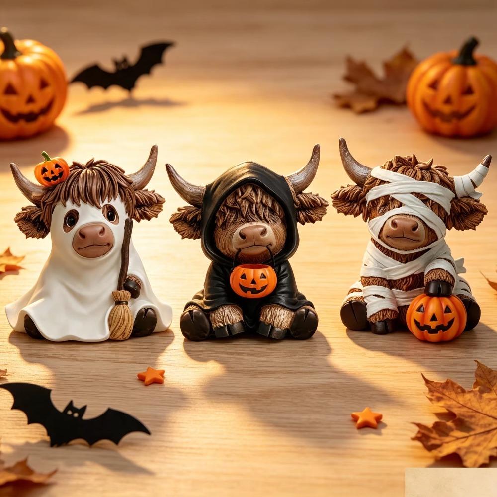 3 Halloween Highland Cow Statues, Cute Ghost Decorations, Hooded and Mummy Cow Statues with Pumpkin Decorations, for Layered Trays, Shelves