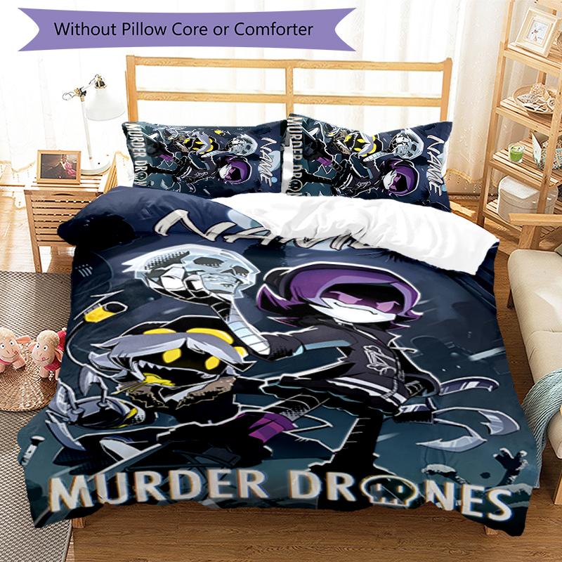 3pcs Custom Name Cartoon Murder Drones Bedding Set Duvet Cover Closure Includes 1 Duvet Cover & 2 Pillowcases for All Seasons Bedroom Decor