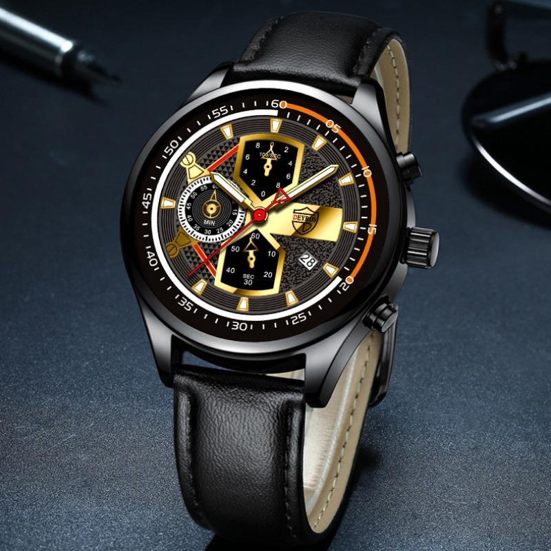 2PCS Set DEYROS Luxury Men's Watch Luxury Men's Leather Strap Calendar Watch Casual Men's Quartz Watch&Bracelet Father's Day Gift