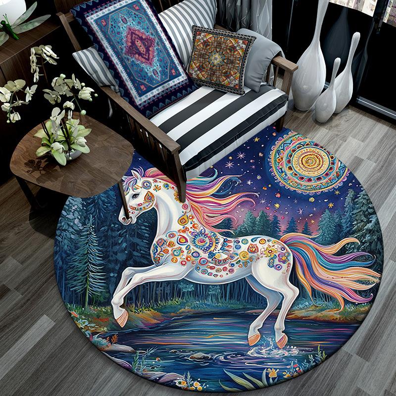 Fantasy Horse Round Area Rug,Carpet Rug for Living Room Bedroom Sofa Playroom Decor,Non-slip Floor Mat