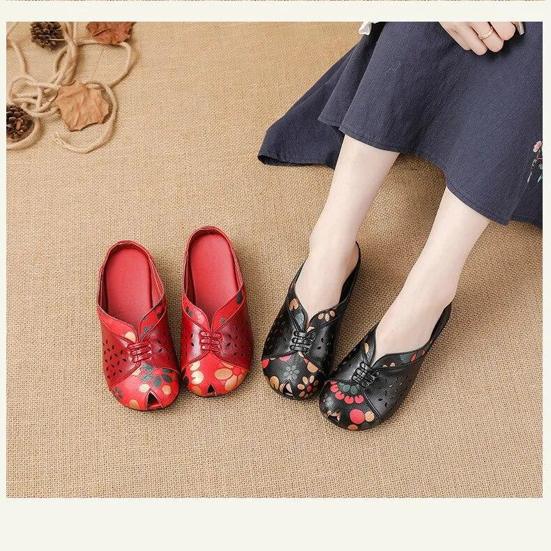 Johnature Ethnic Style Printed Genuine Leather Outdoor Slides Women Versatile Handmade Low Heeled Slippers