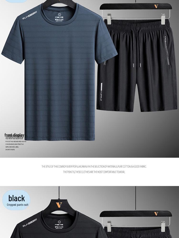 Men's Quick-Dry Ice Silk Sports Set - Lightweight, Breathable Summer Short-Sleeve Top and Casual Shorts