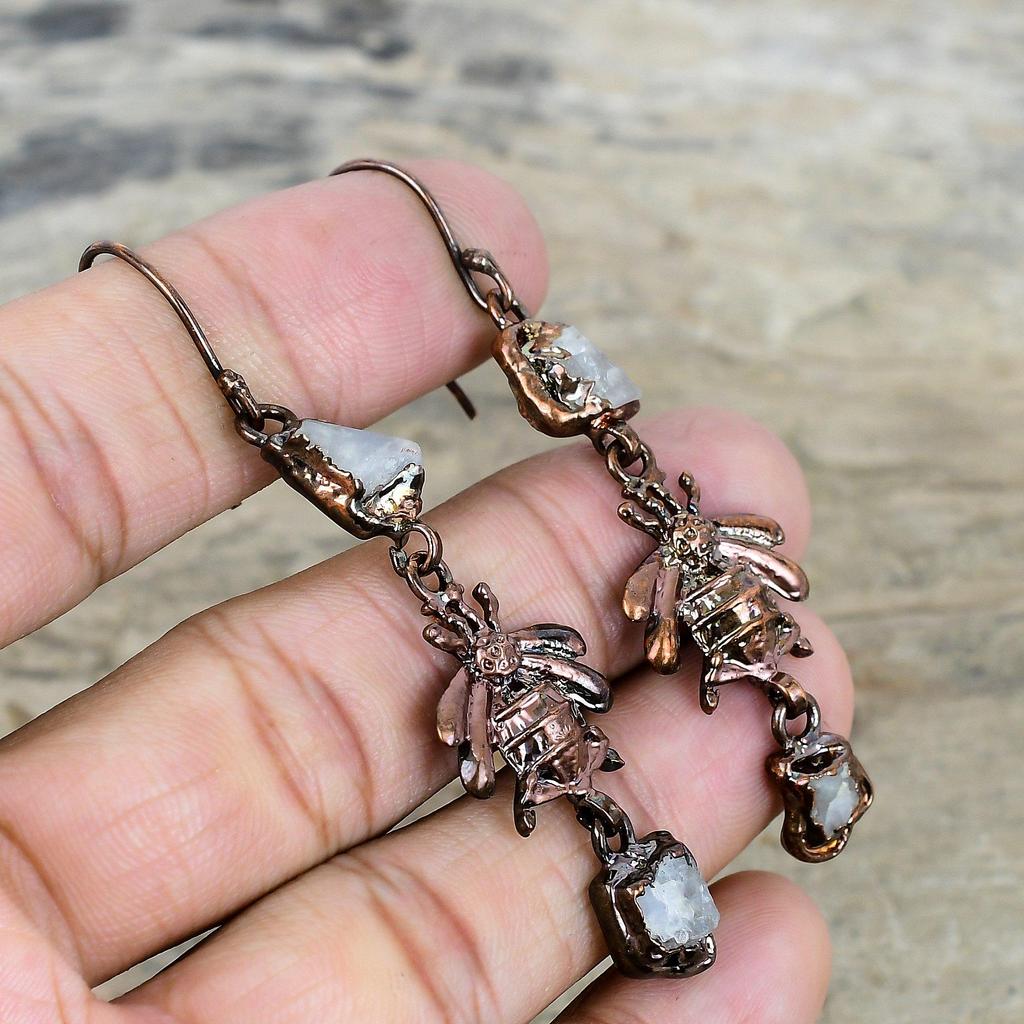 Rainbow moonstone rough earring electroformed copper earrings real gemstone earring handmade copper jewelry honey bee earrings gifts for her