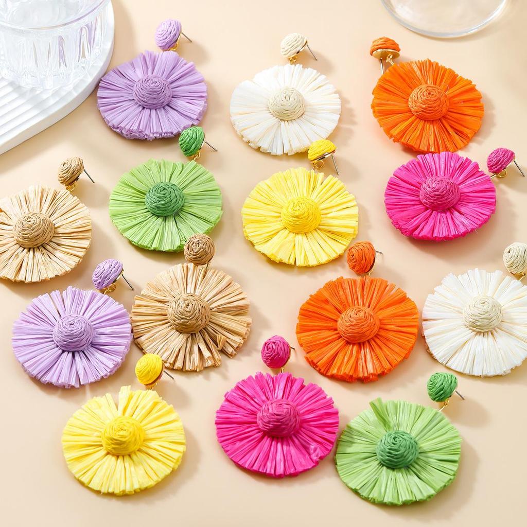 Bohemian Round Floral Woven Raffia Earrings for Women