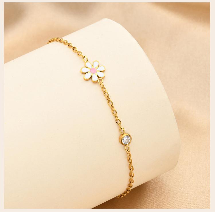 Minimalist Enamel Daisy Flower Bracelet, 18K Gold Plated Stainless Steel, Waterproof Dainty CZ Charm Jewelry Gift
