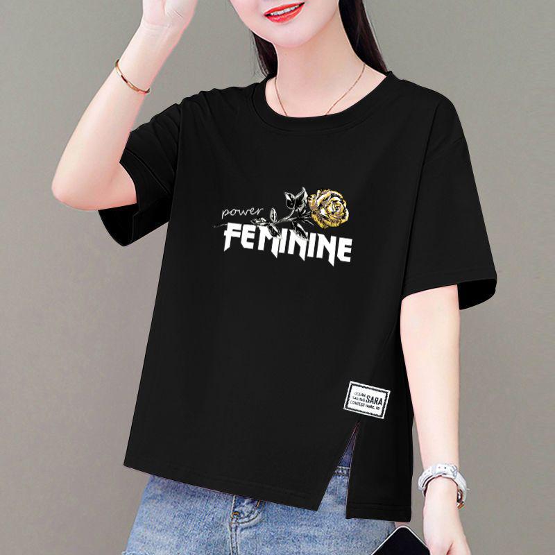Korean Style Plus Size Loose Cotton Short-Sleeve Women's T-Shirt with Round Neck and Printed Design