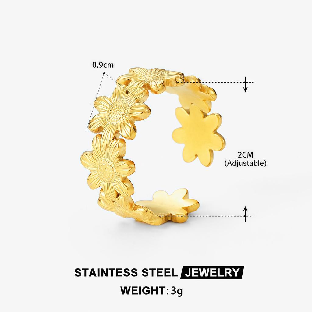 Elegant 18K Gold-Plated Geometric Stainless Steel Ring with Natural Stone, Adjustable for Women