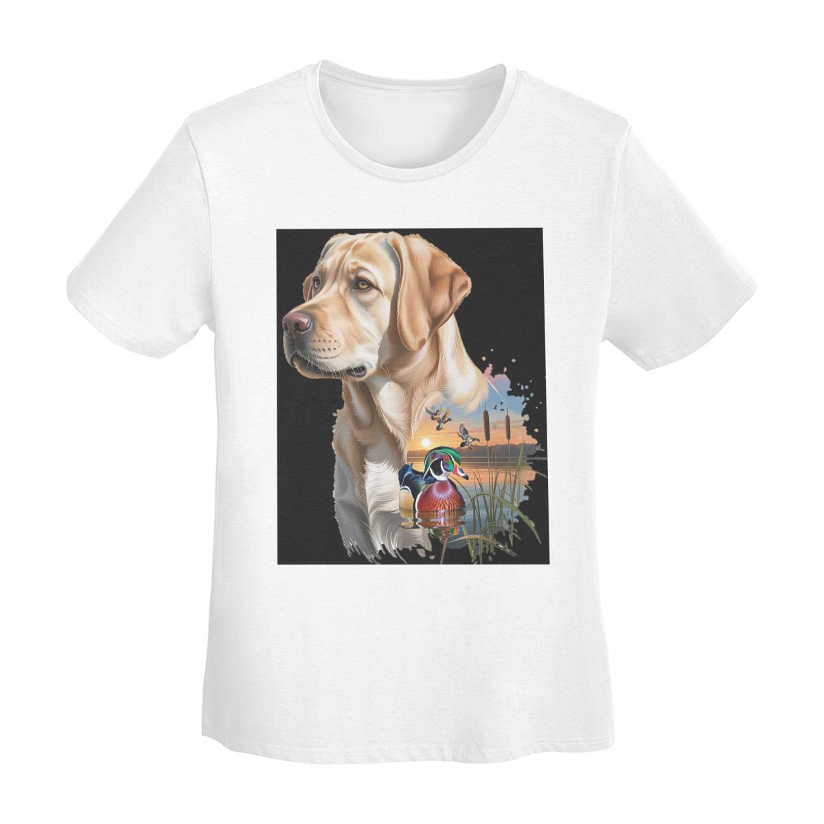 

Yellow Labrador And Wood Duck Sunrise TShirt Women Short Sleeve T Shirts ONeck Clothes Cotton Summer Tees Streetwear S